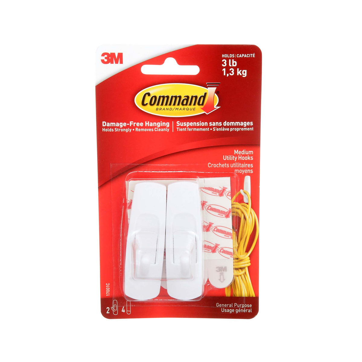 Moyen crochet blanc utilitaires Command, 2 crochets, 4 bandes par paquet