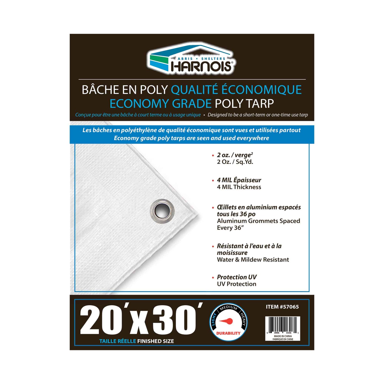 Bâche en polyéthylène blanc transparent de qualité économique, 20' x 30'