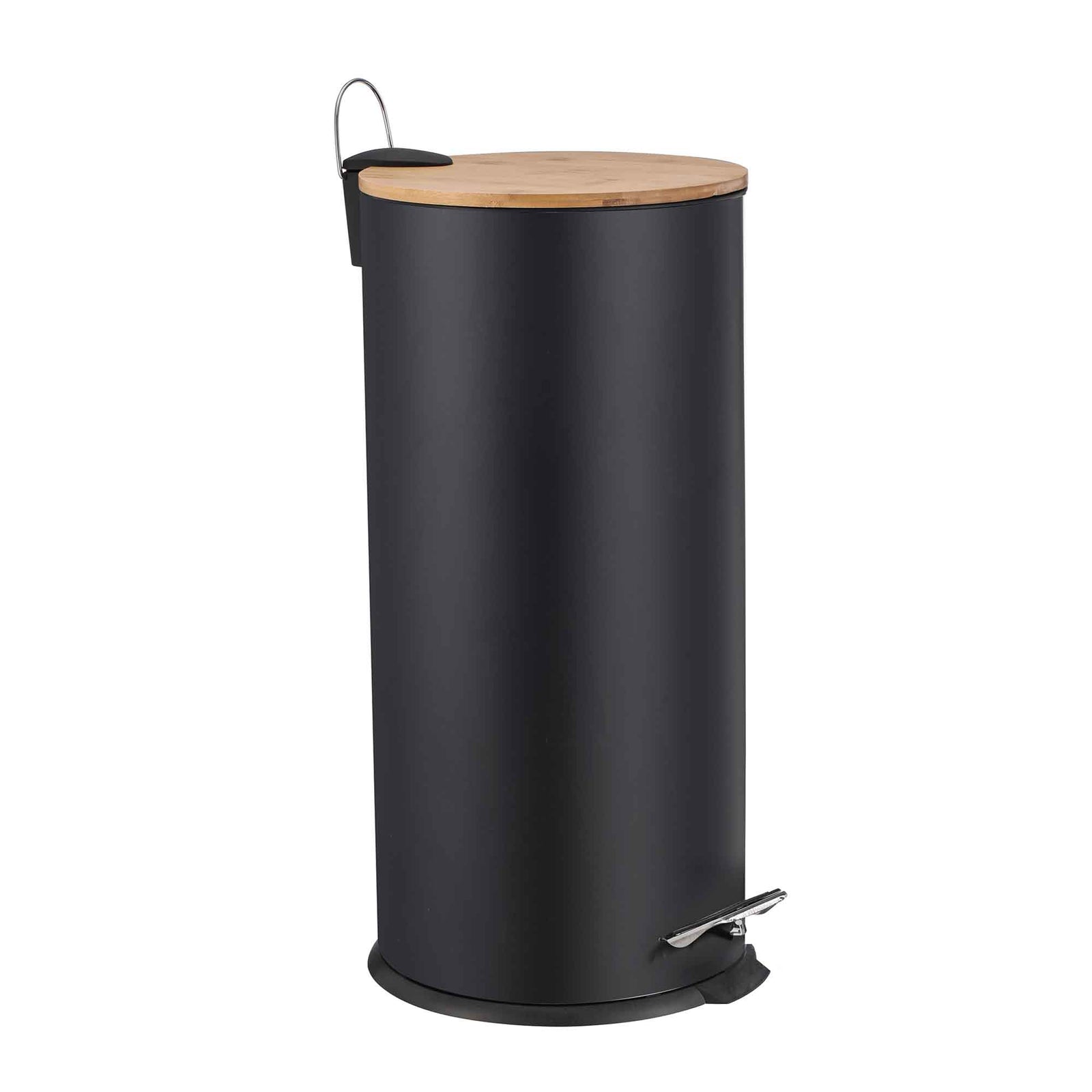 Poubelle ronde à pédale en métal noir et en bambou, 20 L 