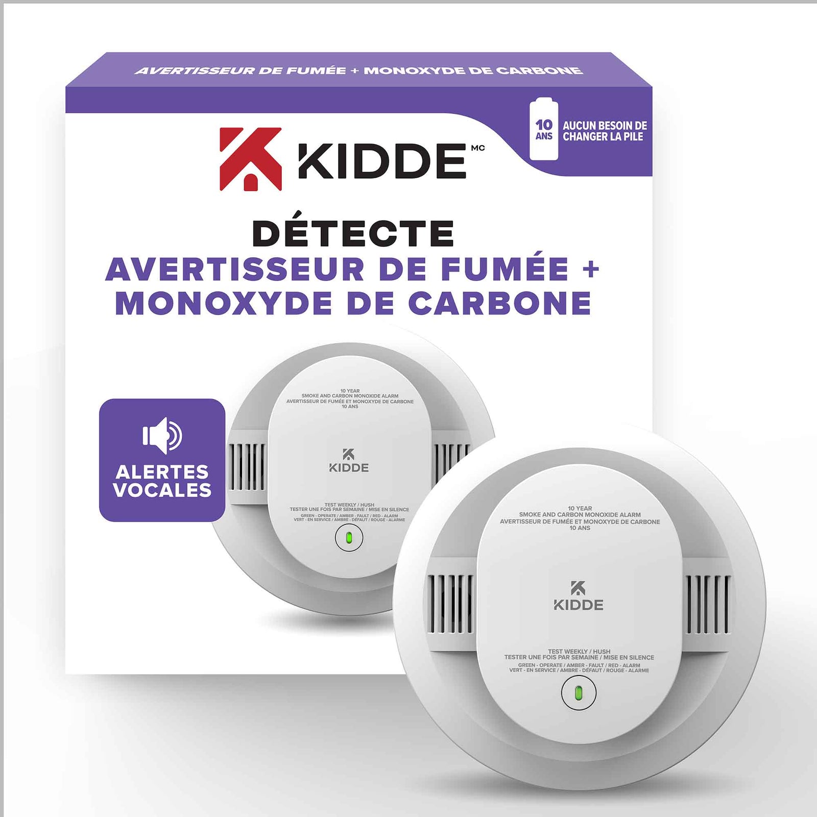 Avertisseur vocal de fumée et de monoxyde de carbone à piles au lithium, 10 ans