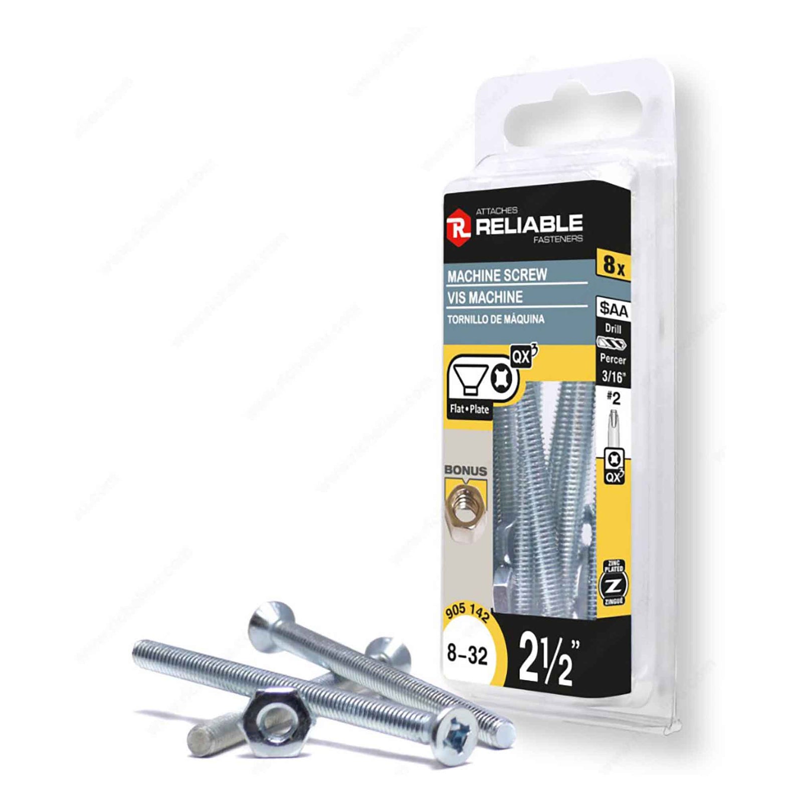 Vis machine à tête plate avec écrou zinguée à entrainement Quadrex, 8-32 x 2-1/2" (8 unités)
