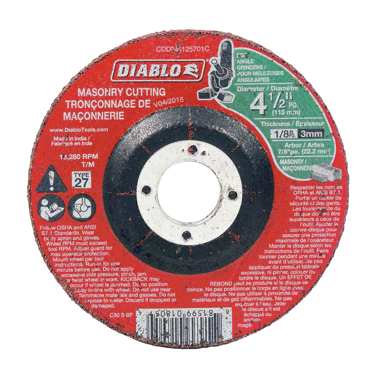 Disque de tronçonnage Diablo pour le métal 4-1/2" x 1/8", arbre de 7/8''  