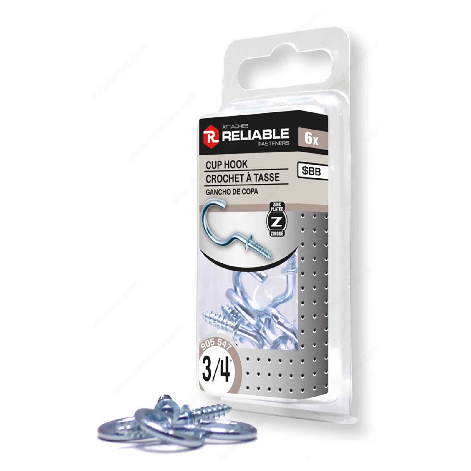 Crochet à tasse au fini zinc, 3/4" (6 unités)