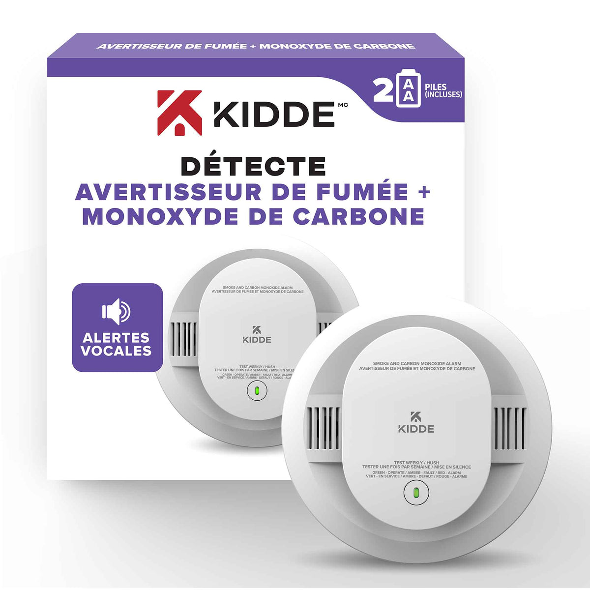 Avertisseur vocal de fumée et de monoxyde de carbone à piles, 2 x AA