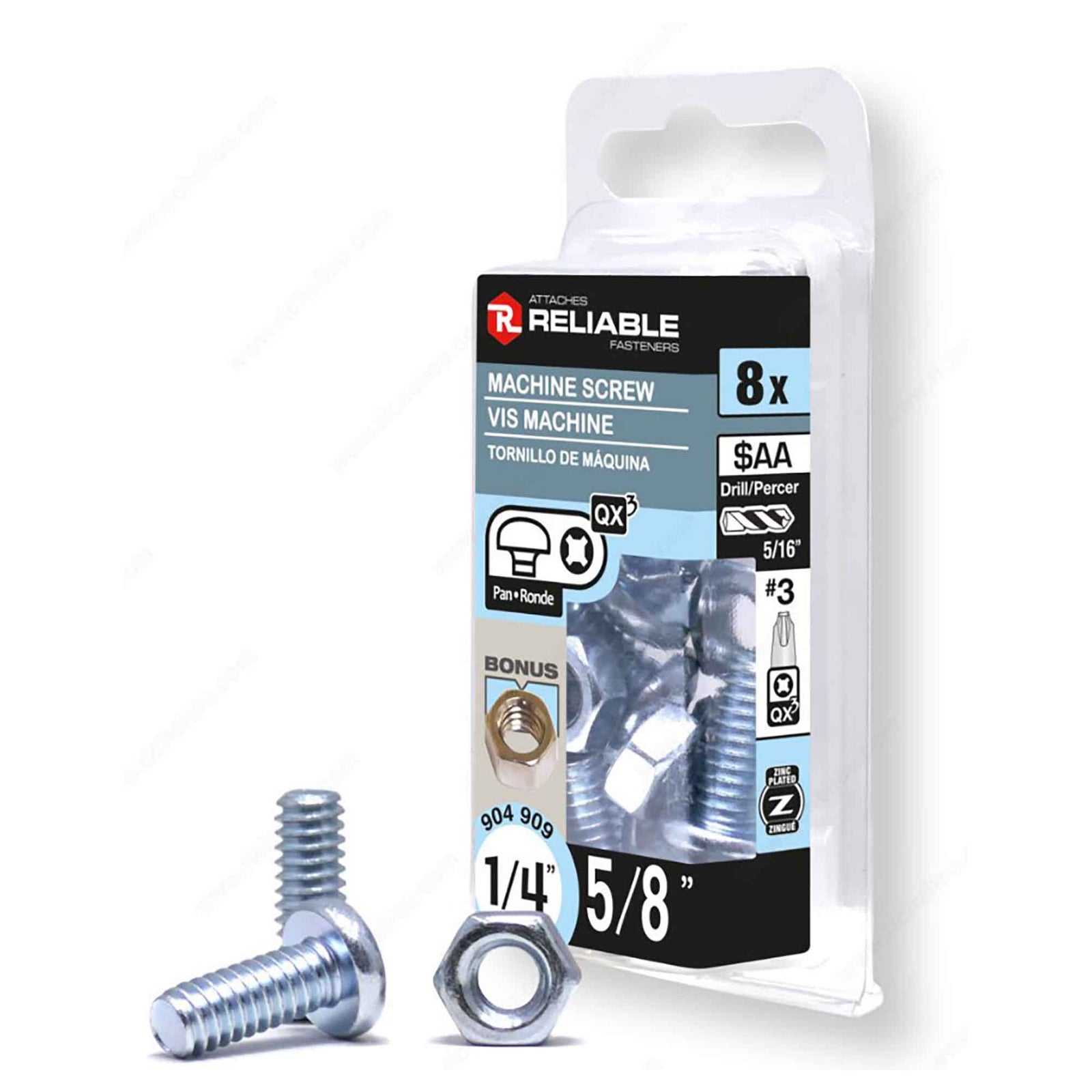 Vis machine à tête ronde avec écrou zinguée à entrainement Quadrex, 1/4" x 5/8" (8 unités)