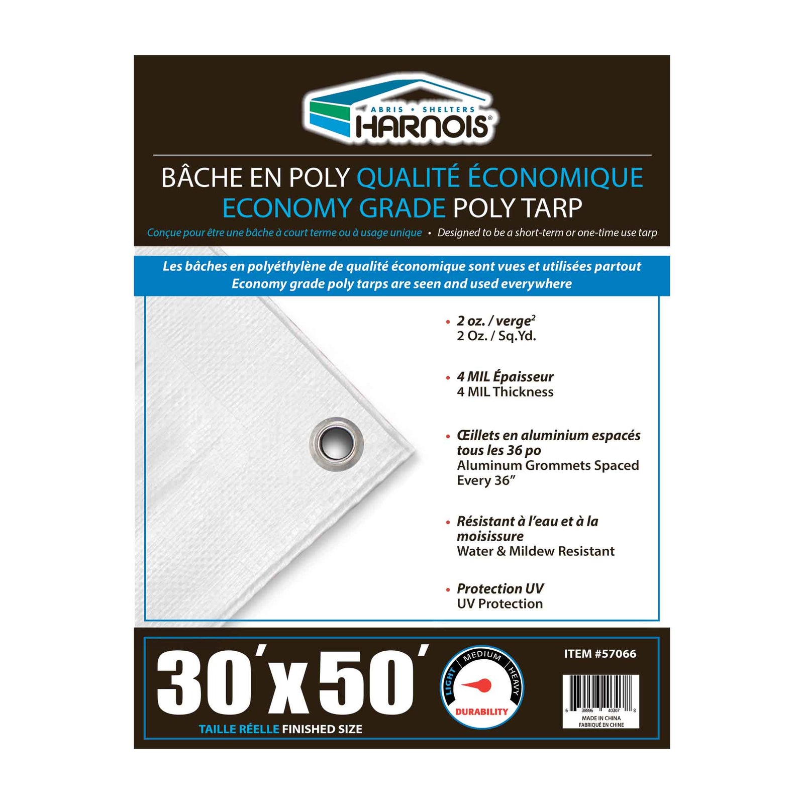 Bâche en polyéthylène blanc transparent de qualité économique, 30' x 50'