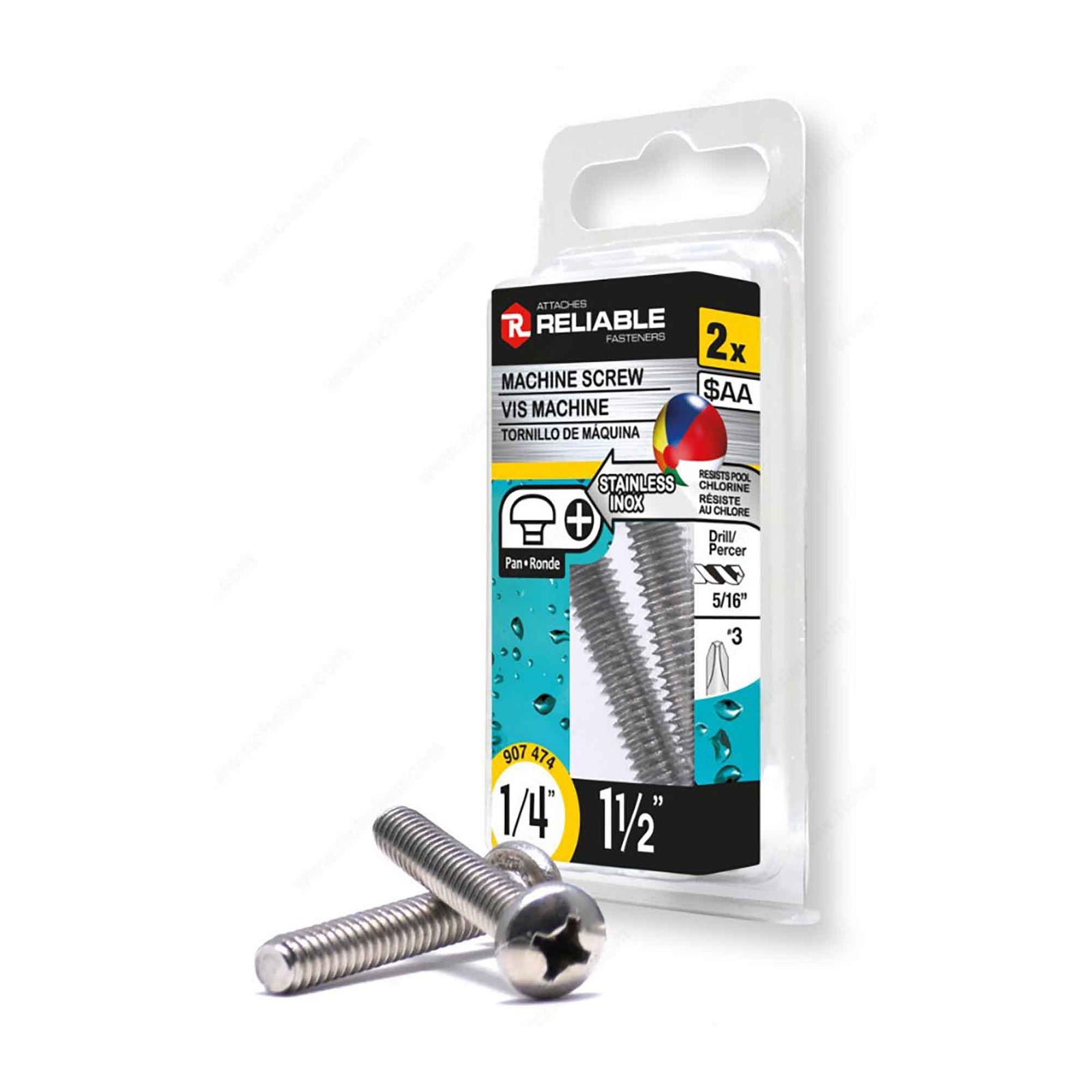 Vis machine en acier inoxydable à tête ronde et entrainement cruciforme, 1/4" x 1-1/2" (2 unités)