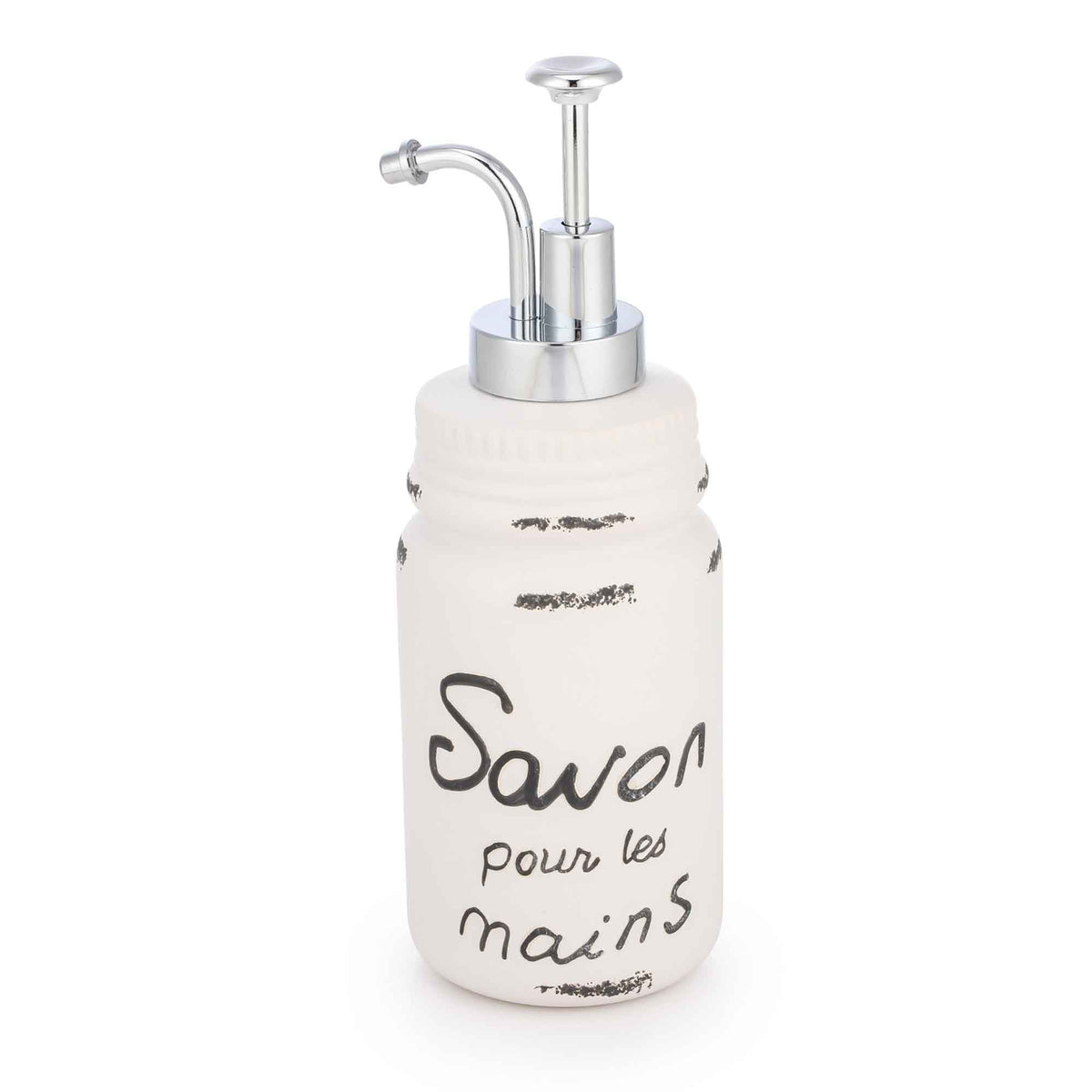 Pompe à savon avec inscription &quot;Savon pour les mains&quot;, blanc