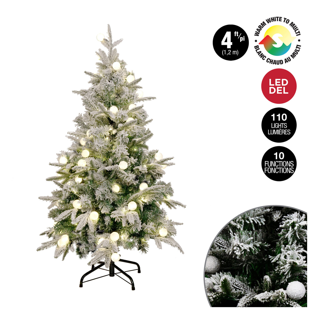 Arbre de Noël floqué en PE de 213 pointes avec 110 boules de lumière à DEL bicouleur, 4' (1,2 m)