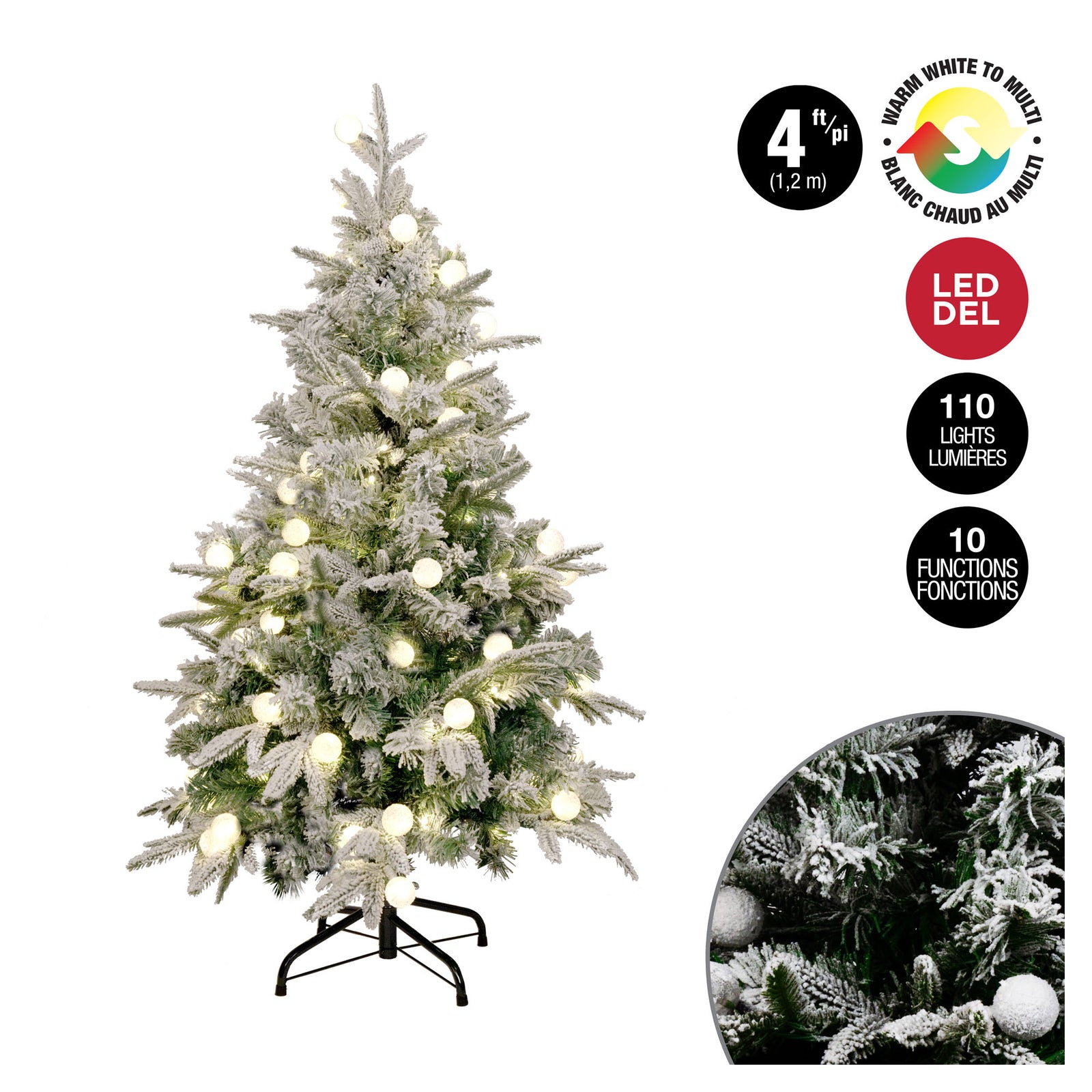 Arbre de Noël floqué en PE de 213 pointes avec 110 boules de lumière à DEL bicouleur, 4' (1,2 m)