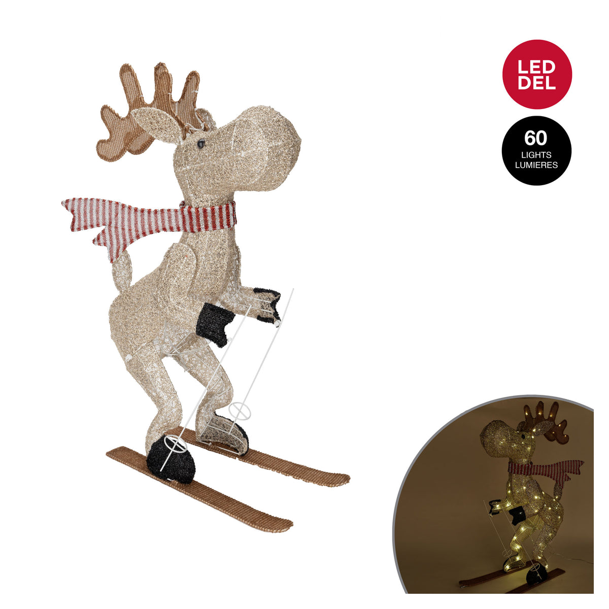 Décoration de renne illuminé à DEL sur ski, 36''