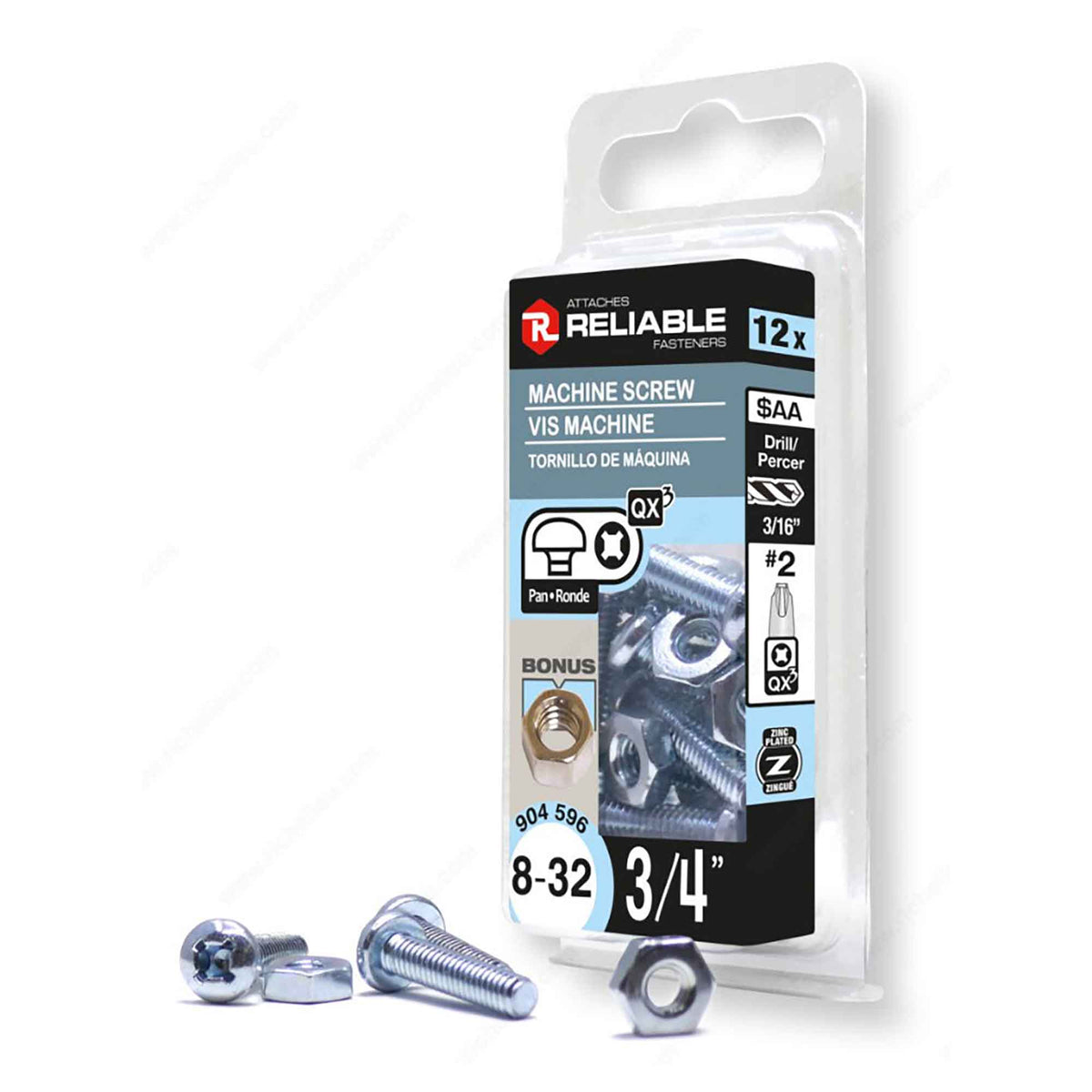 Vis machine à tête ronde avec écrou zinguée à entrainement Quadrex, 8-32 x 3/4" (12 unités)