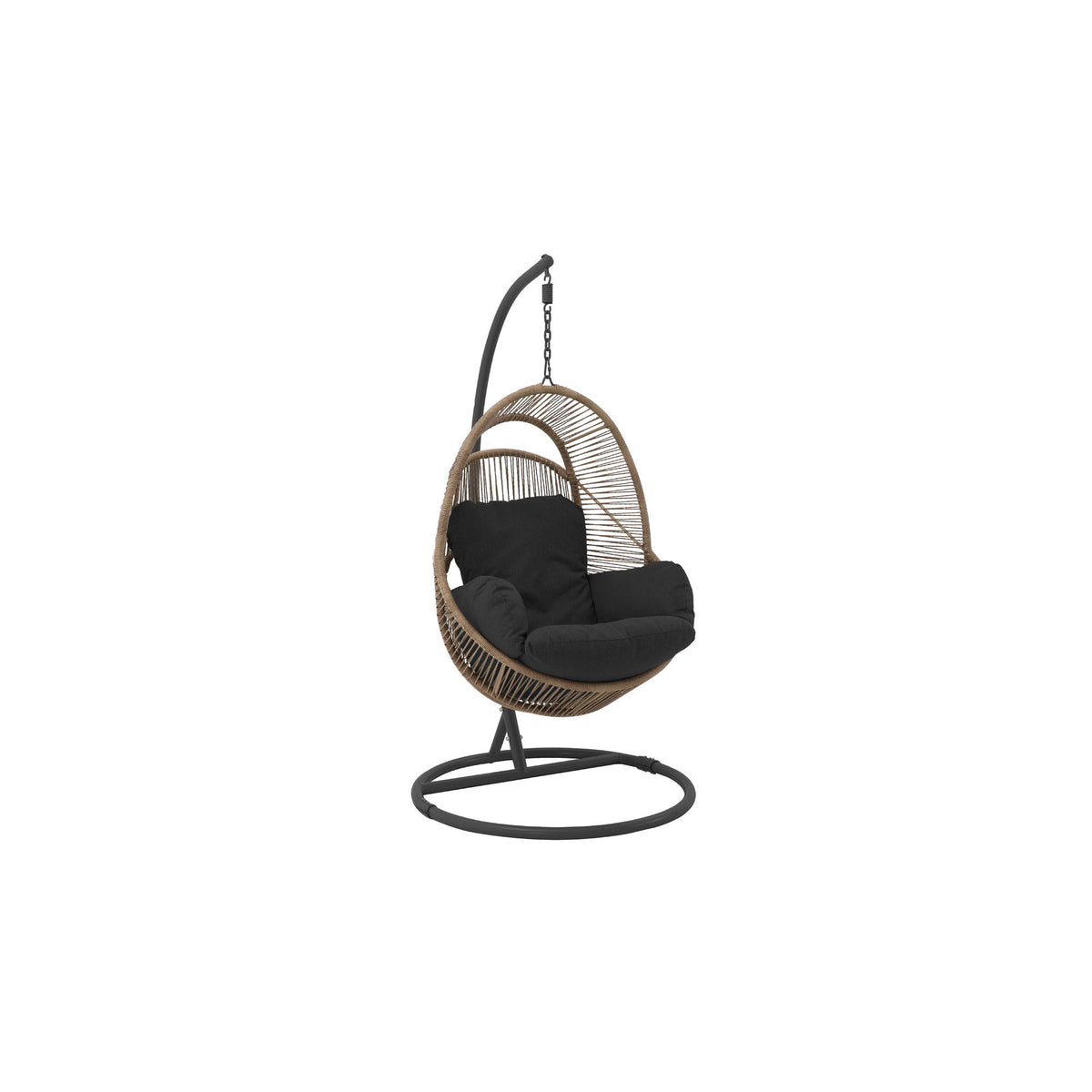 Chaise suspendue en rotin naturel, coussin noir