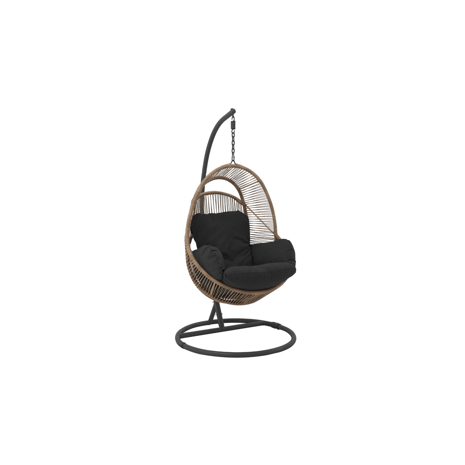 Chaise suspendue en rotin naturel, coussin noir