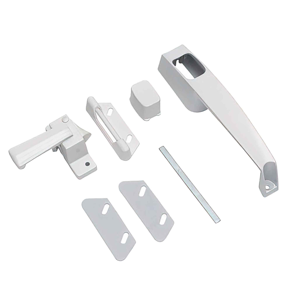 Loquet à bouton-poussoir pour portes moustiquaire et contre-portes, blanc
