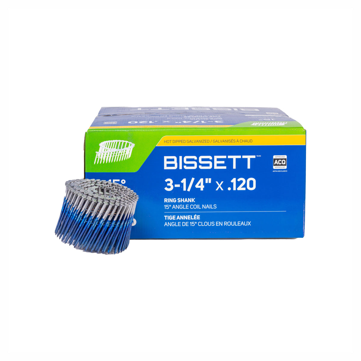 Clous en rouleaux galvanisés à chaud à angle de 15° avec tiges annelées, 3-1/4" x .120 (4 000 unités)