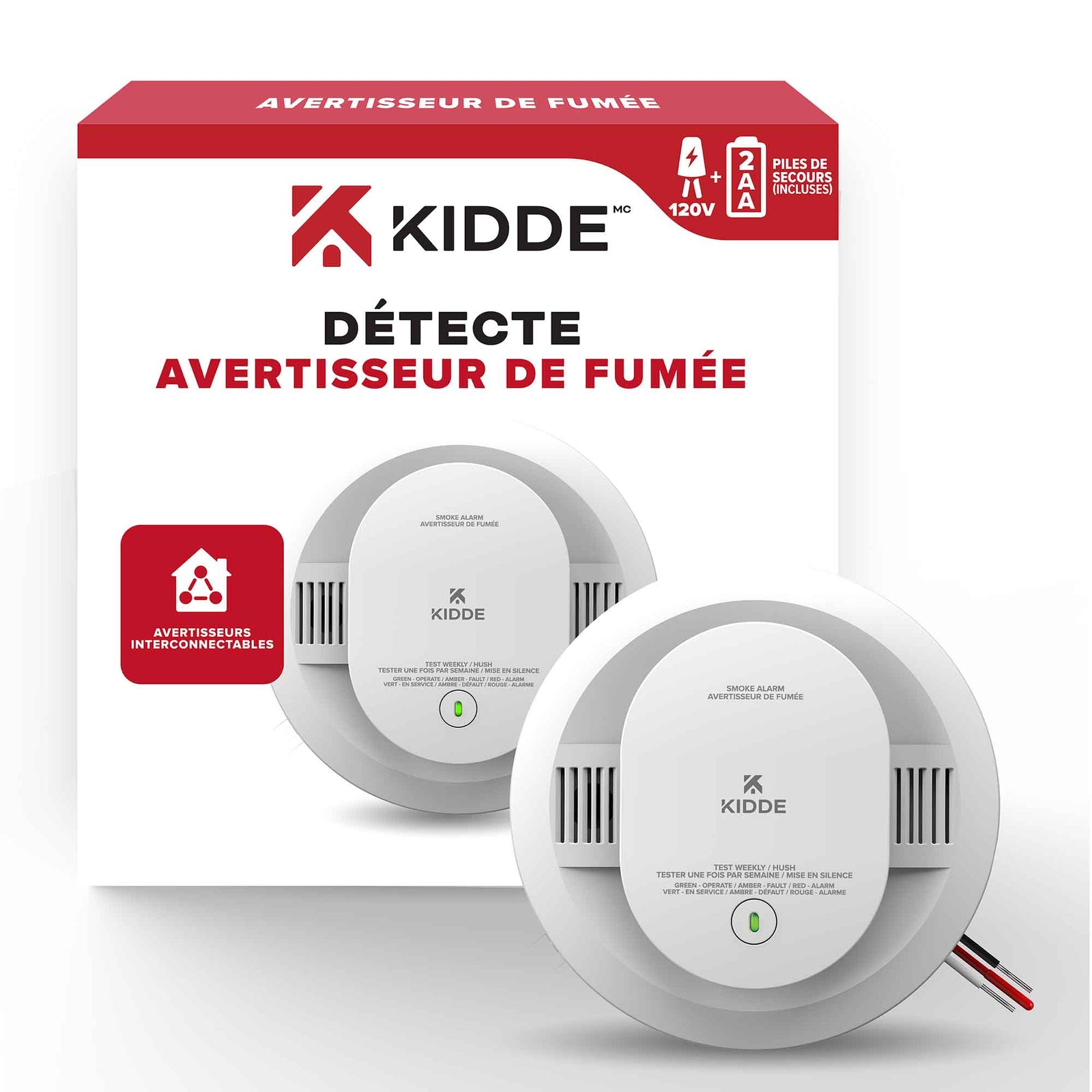 Avertisseur de fumée 120 V avec piles de secours, 2 x AA  