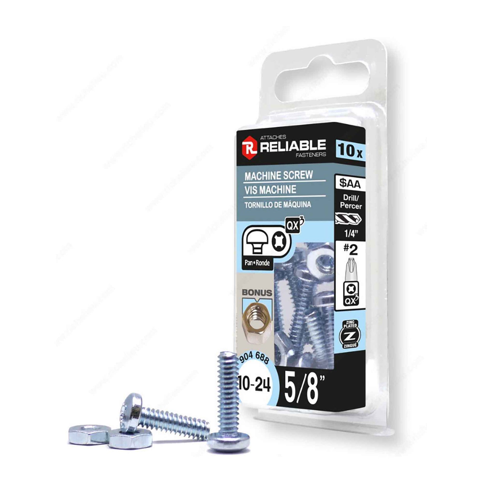 Vis machine à tête ronde avec écrou zinguée à entrainement Quadrex, 10-24 x 5/8" (10 unités)