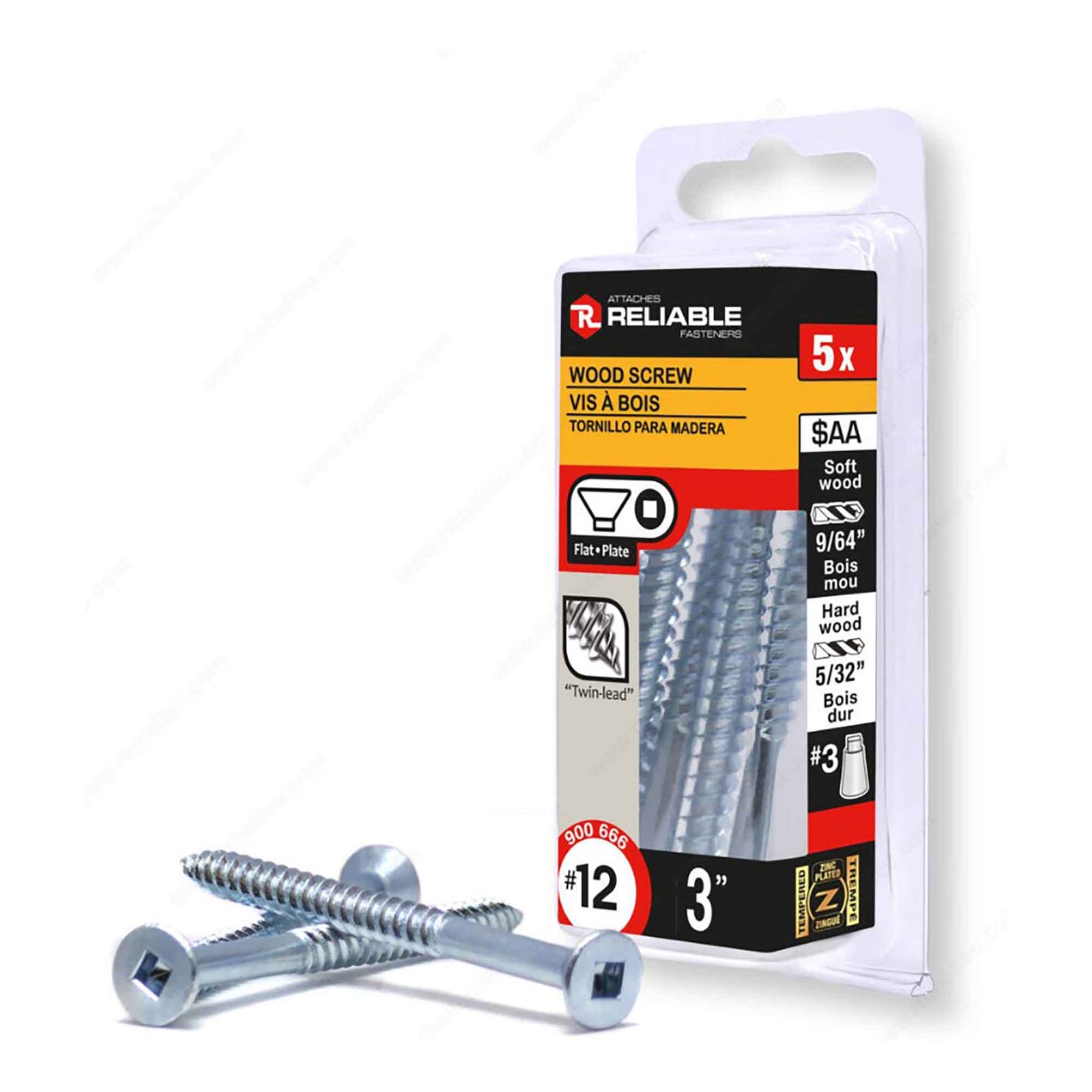 Vis à bois à tête plate plaquée zinc, #12 x 3" (5 unités)