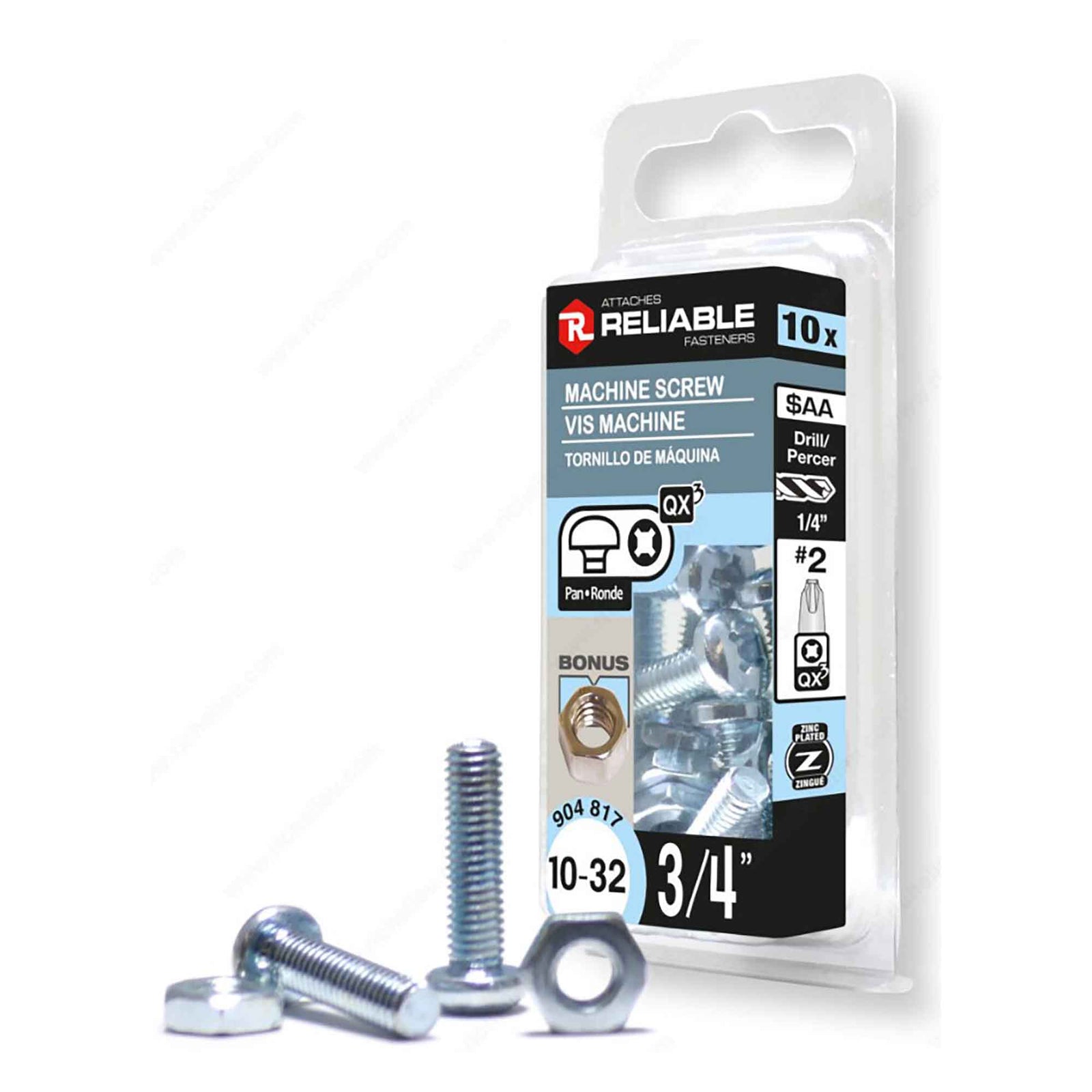 Vis machine à tête ronde avec écrou zinguée à entrainement Quadrex, 10-32 x 3/4" (10 unités)