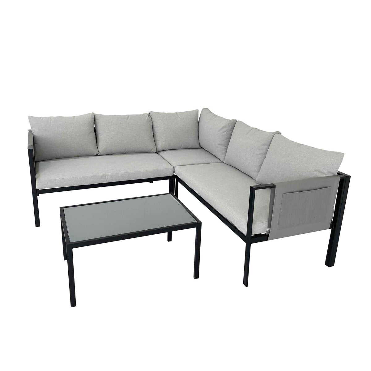 Ensemble de patio sectionnel en acier avec table vitrée, 4 morceaux