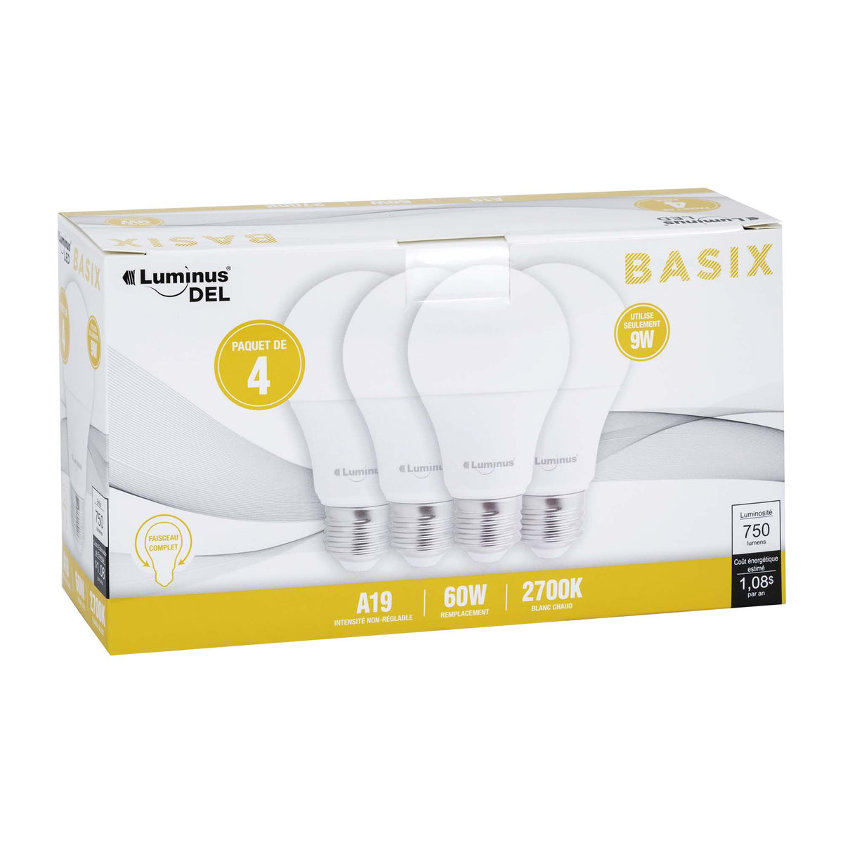 Ampoule Luminus A19 ECO multi-usage et non réglable, paquet de 4