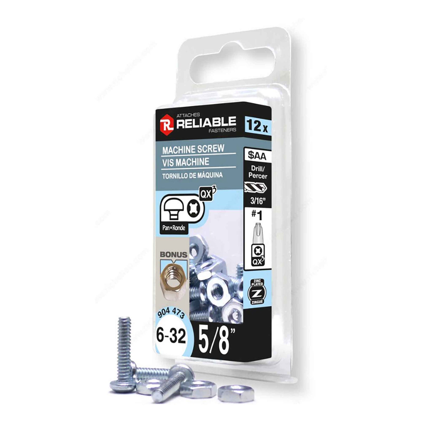 Vis machine à tête ronde avec écrou zinguée à entrainement Quadrex, 6-32 x 5/8" (12 unités)