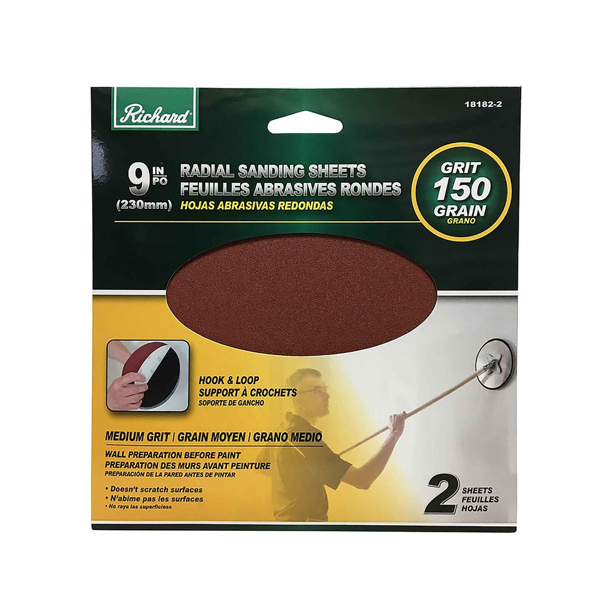 Papier sablé rond de 9&#39;&#39; de diamètre avec attache velcro, grain 150 (paquet de 2)