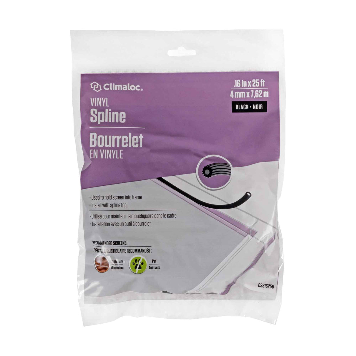 Bourrelet noir en vinyle pour moustiquaire, 0,16'' x 25'