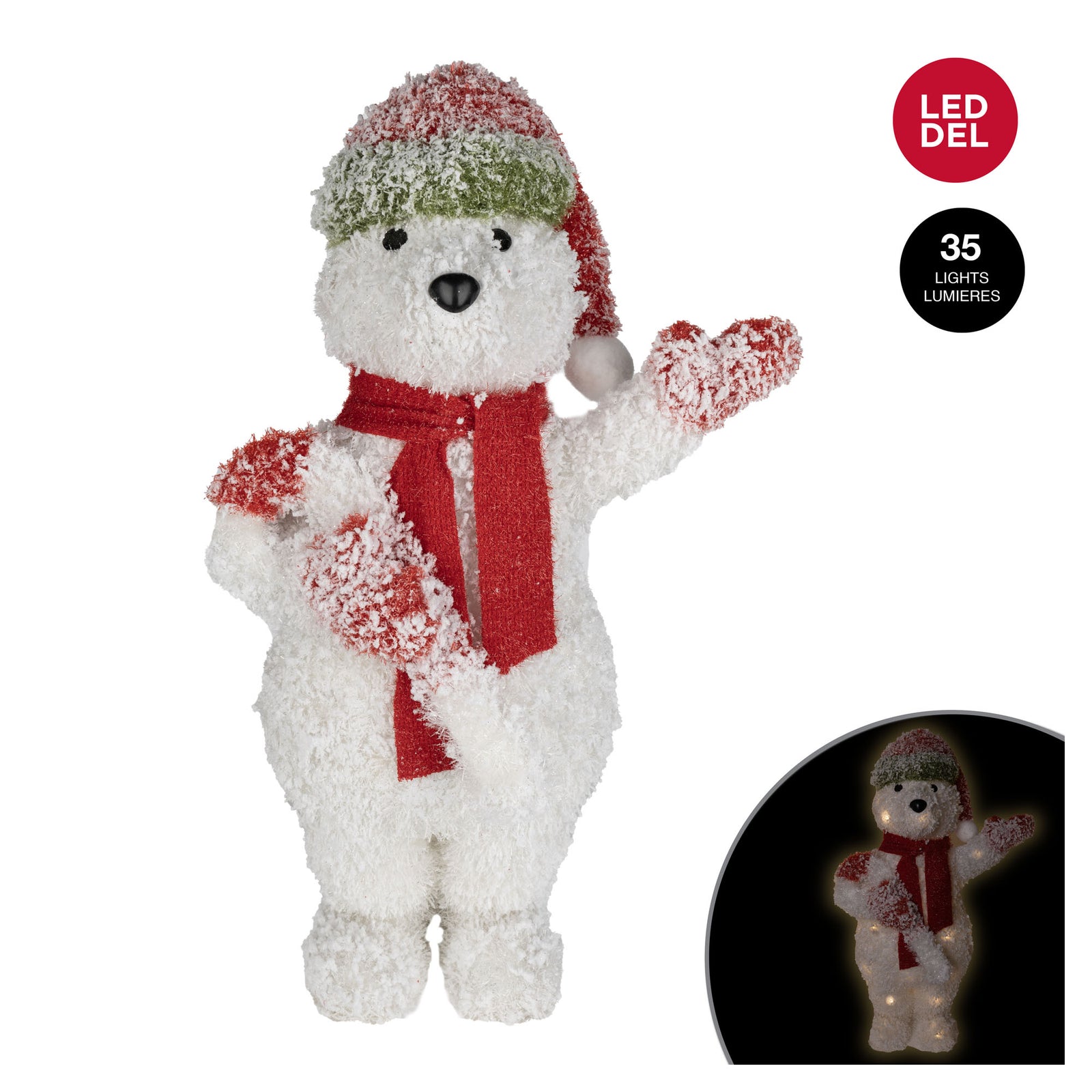 Décoration d'ours enneigé avec tuque illuminé par 35 lumières à DEL, 28"