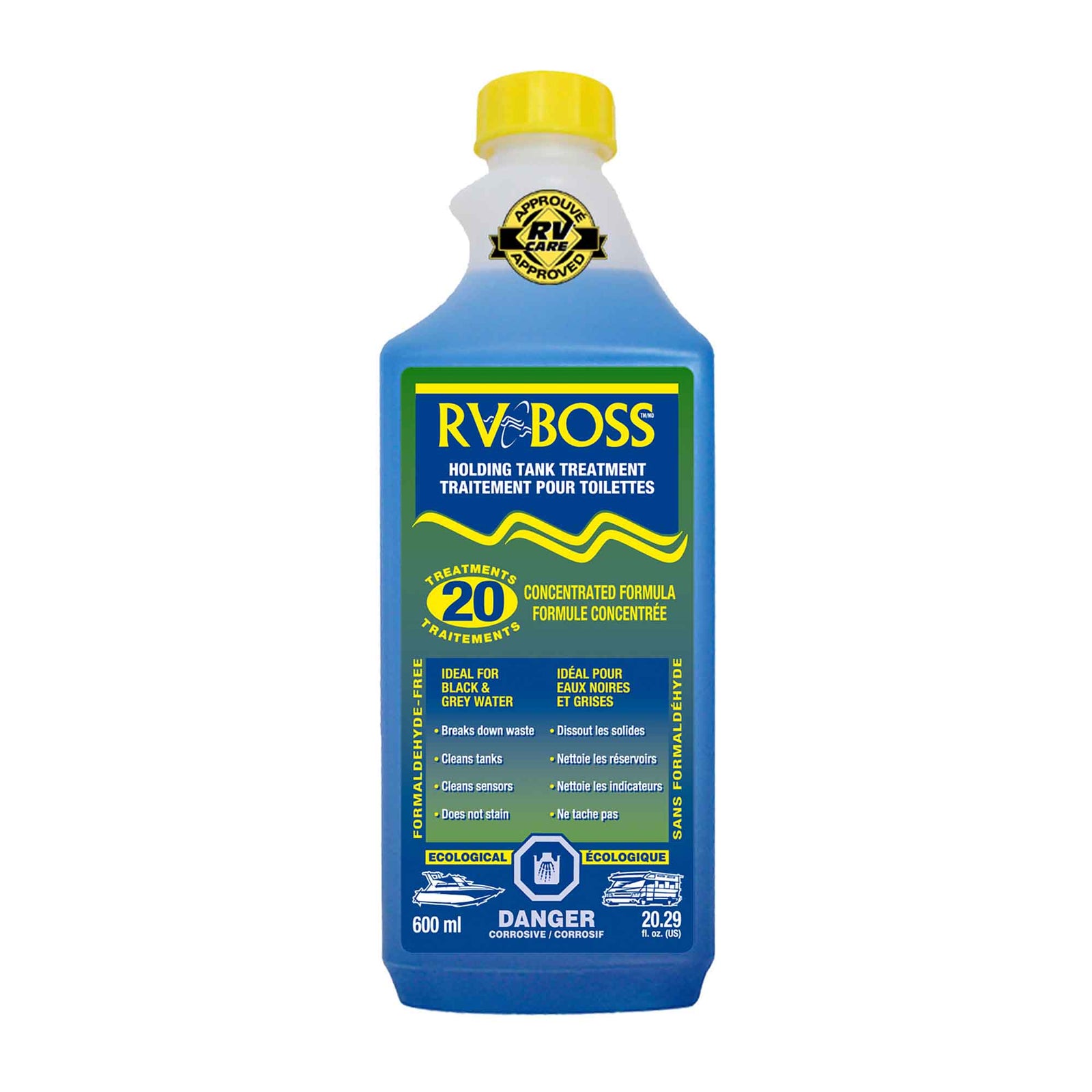 Traitement concentré pour réservoir de toilettes RV Boss, 600 ml (20 traitements)