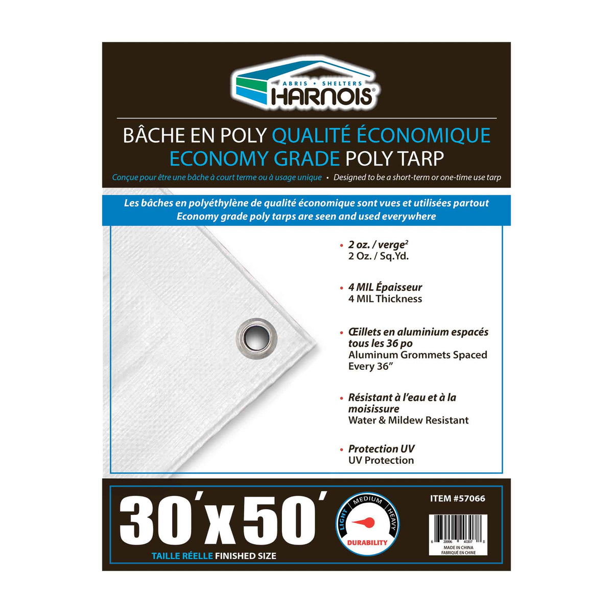 Bâche en polyéthylène blanc transparent de qualité économique, 30' x 50'