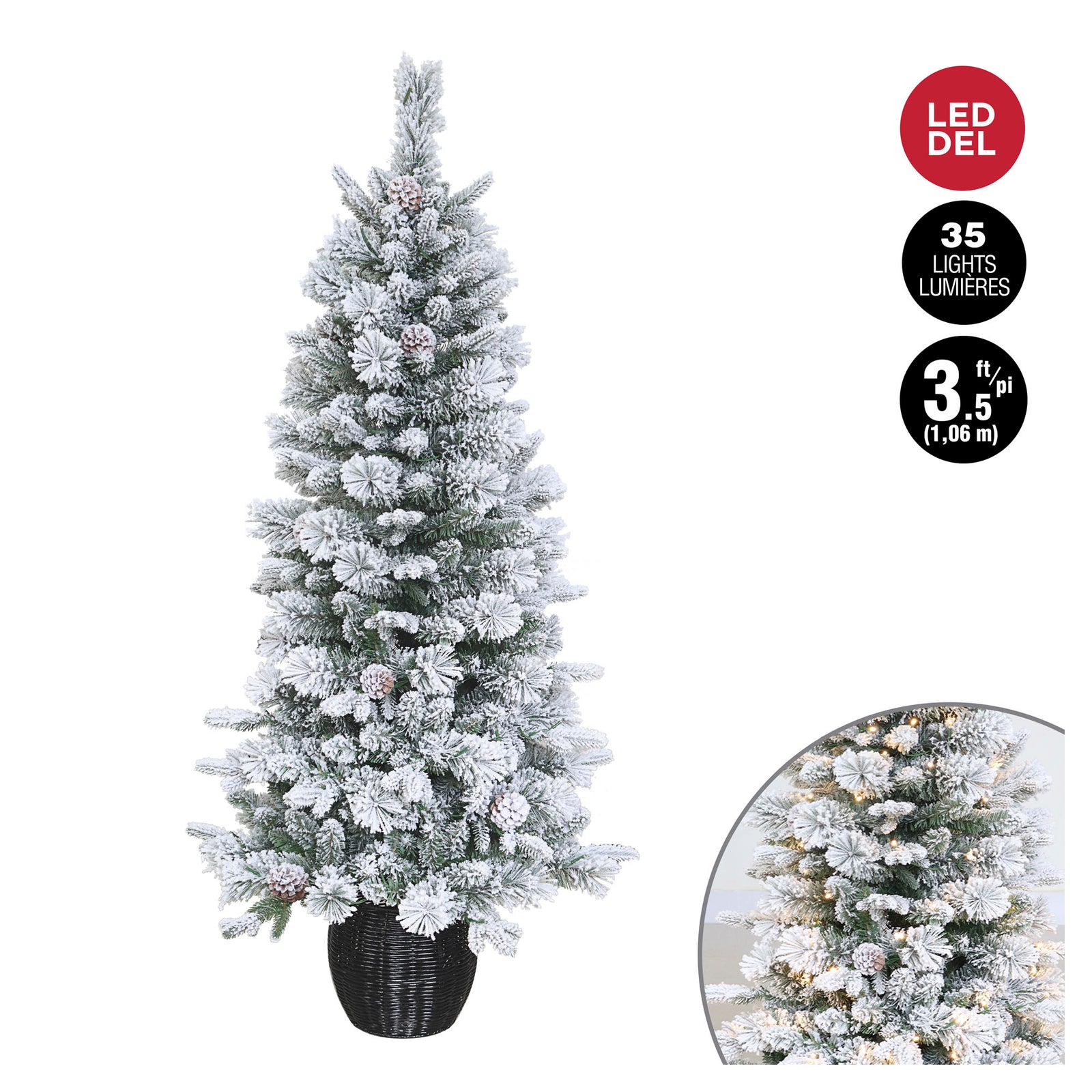 Arbre de 162 pointes floquées en PVC avec 35 lumières DEL dans un pot en rotin noir, 3,5' (1,06 m)