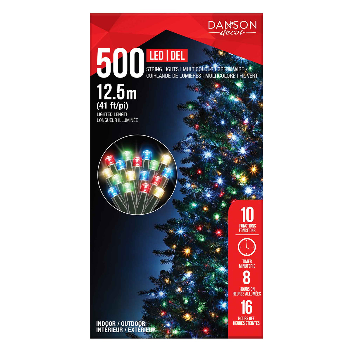 Guirlande de 500 lumières DEL à 10 fonctions de 41' (12,5 m), multicolore