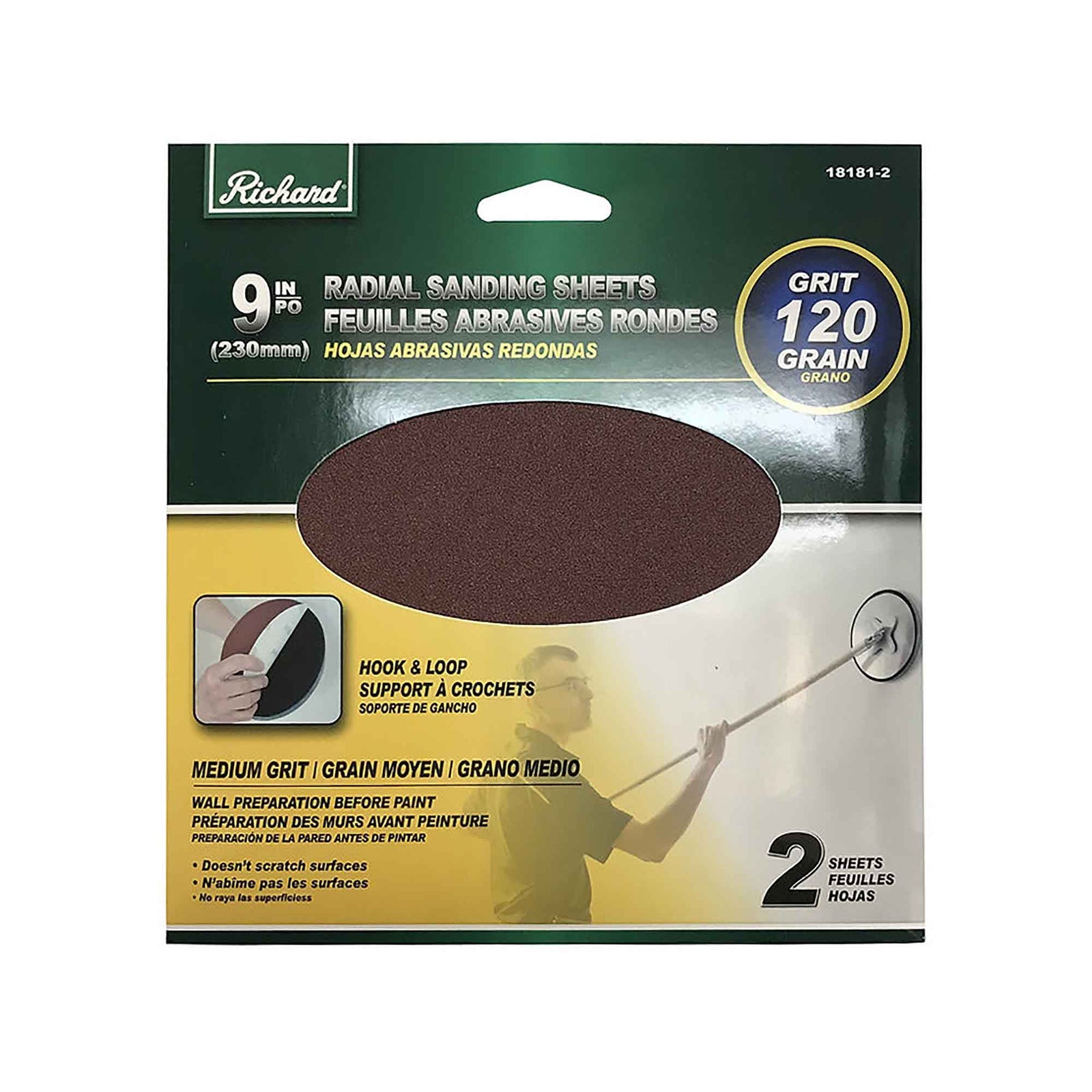 Papier sablé rond de 9'' de diamètre avec attache velcro, grain 120 (paquet de 2)