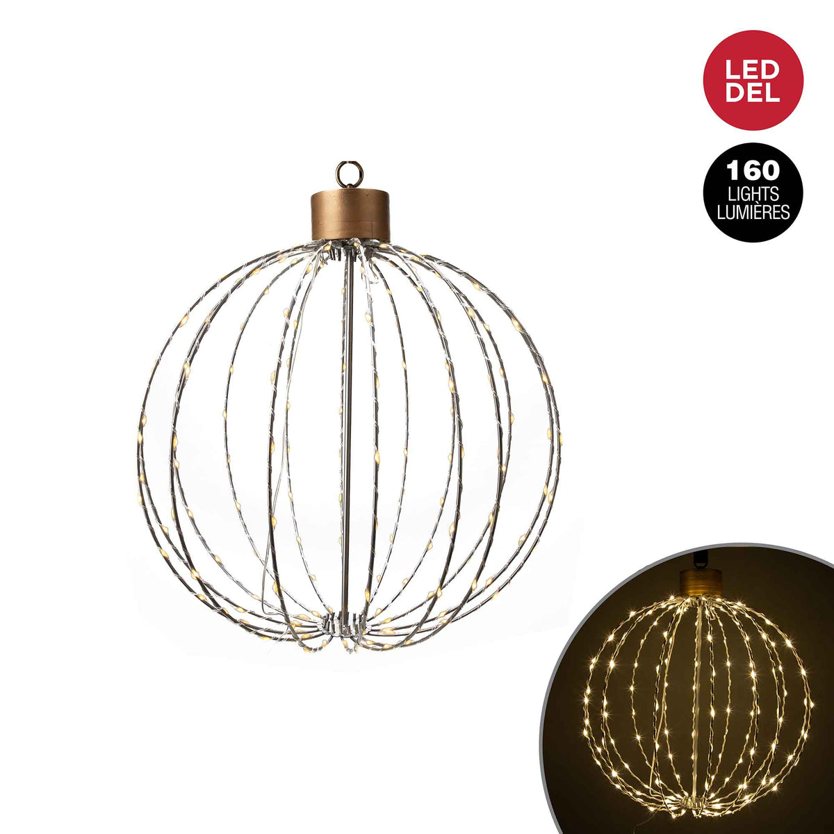 Sculpture de boule de Noël à suspendre à 160 lumières DEL, 46 cm x 56 cm