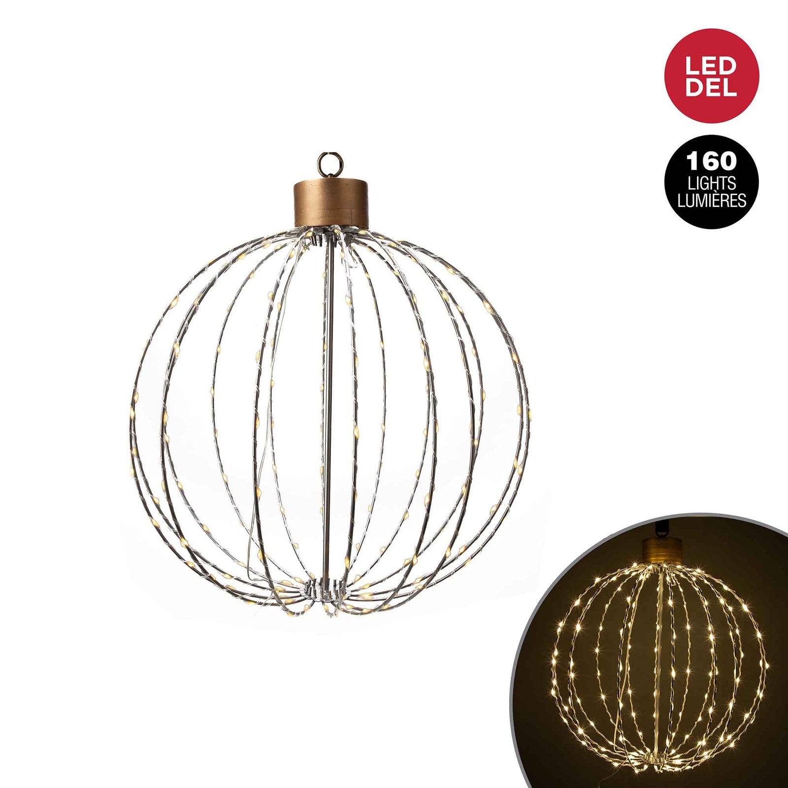 Sculpture de boule de Noël à suspendre à 160 lumières DEL, 46 cm x 56 cm