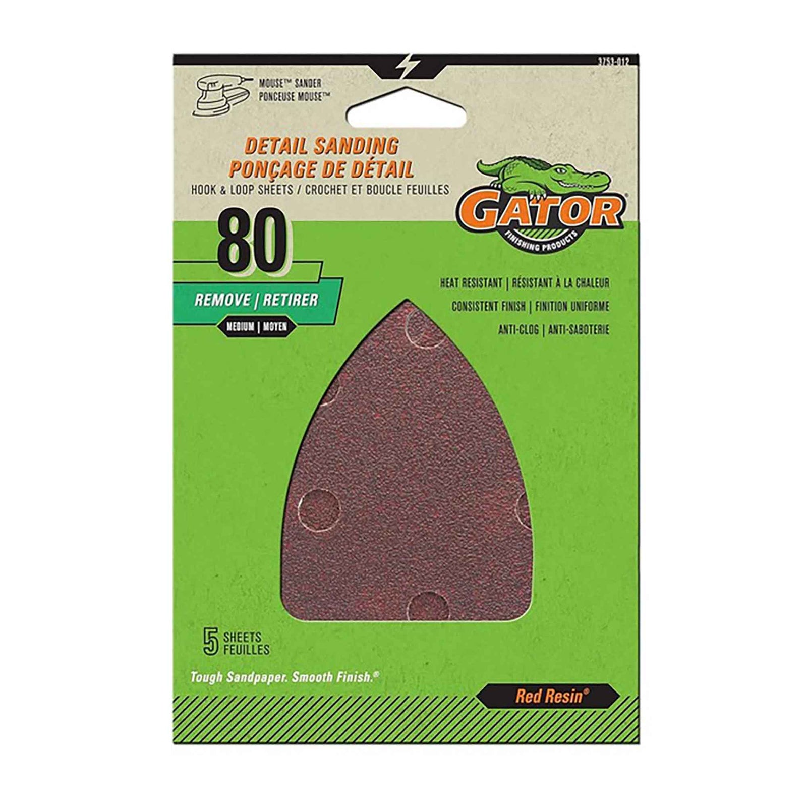 Feuille de ponçage de détail à crochet et boucle pour ponceuse Mouse, grain 80 (5 unités)
