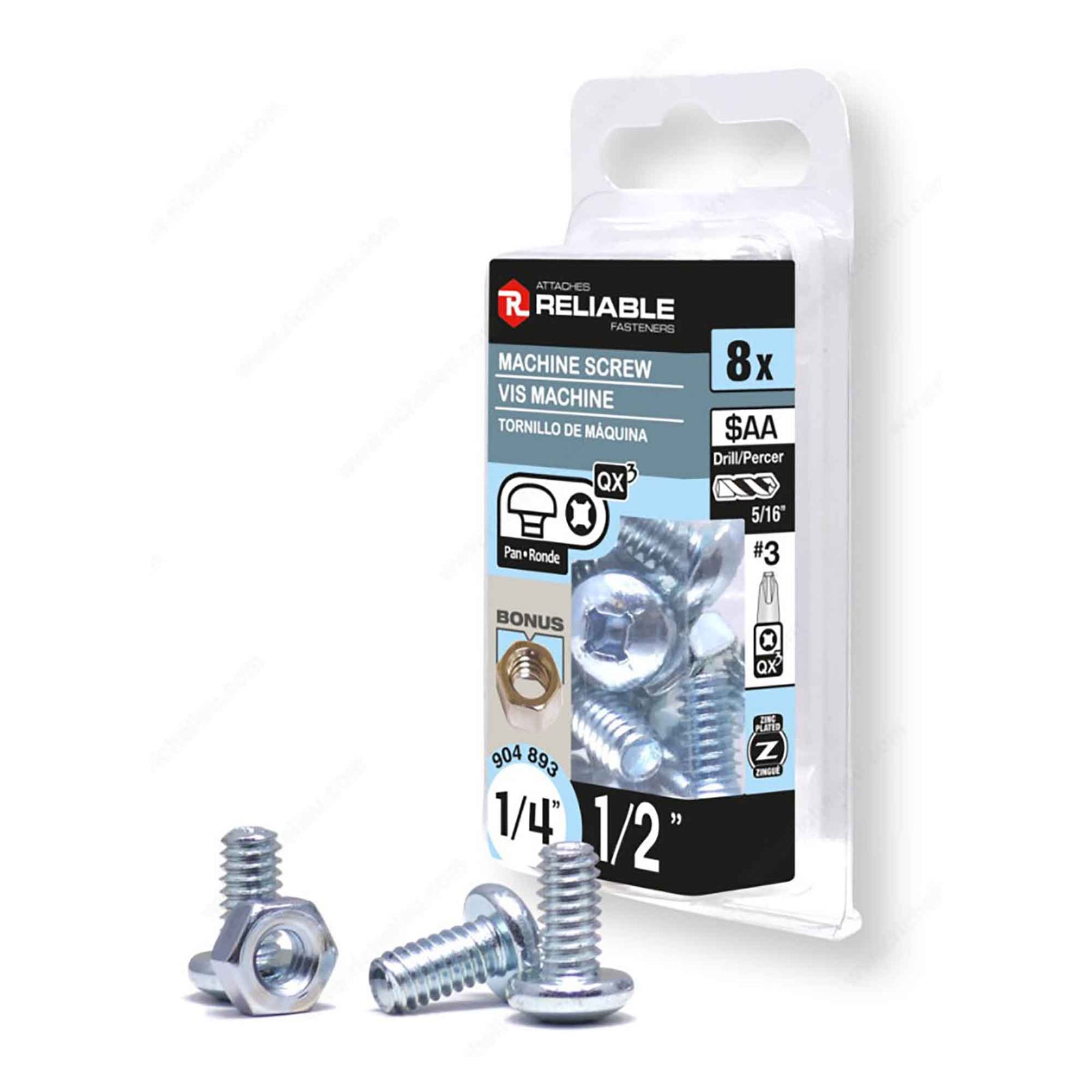 Vis machine à tête ronde avec écrou zinguée à entrainement Quadrex, 1/4" x 1/2" (8 unités)