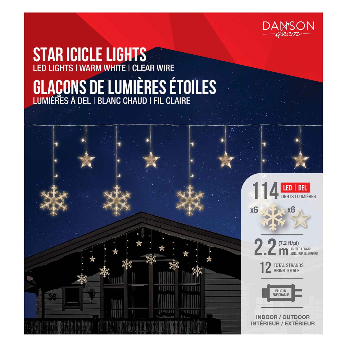 Guirlande d'étoiles et de flocons de neige lumineux de 7,2' (2,2 m), blanc chaud