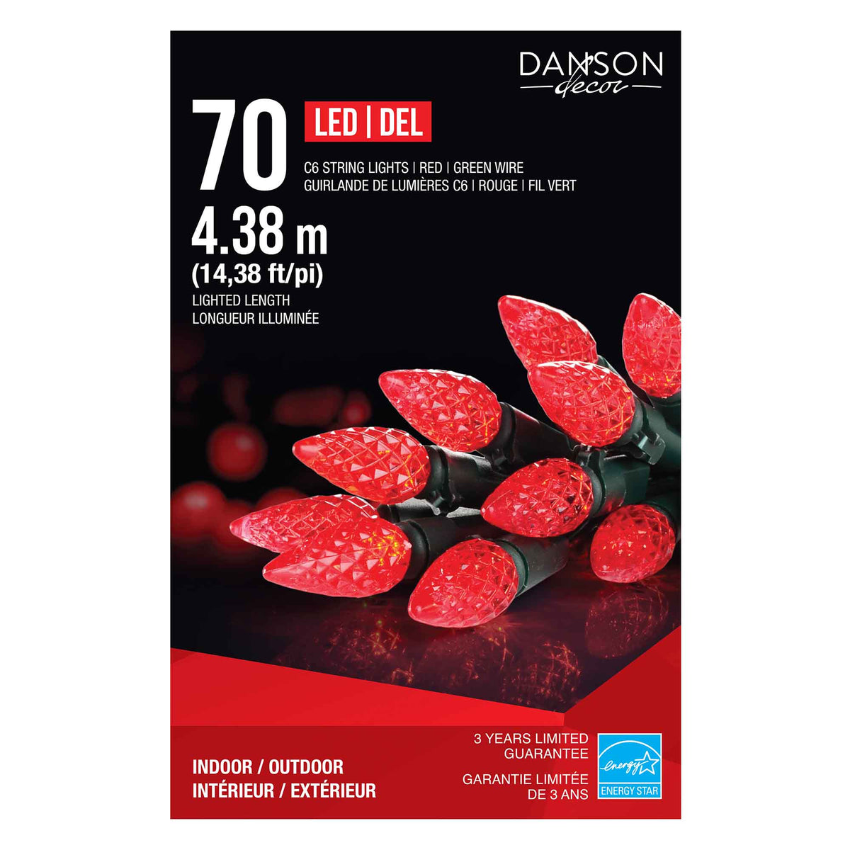 Guirlande de 70 lumières C6 DEL de 14,38' (4,38 m), rouge 