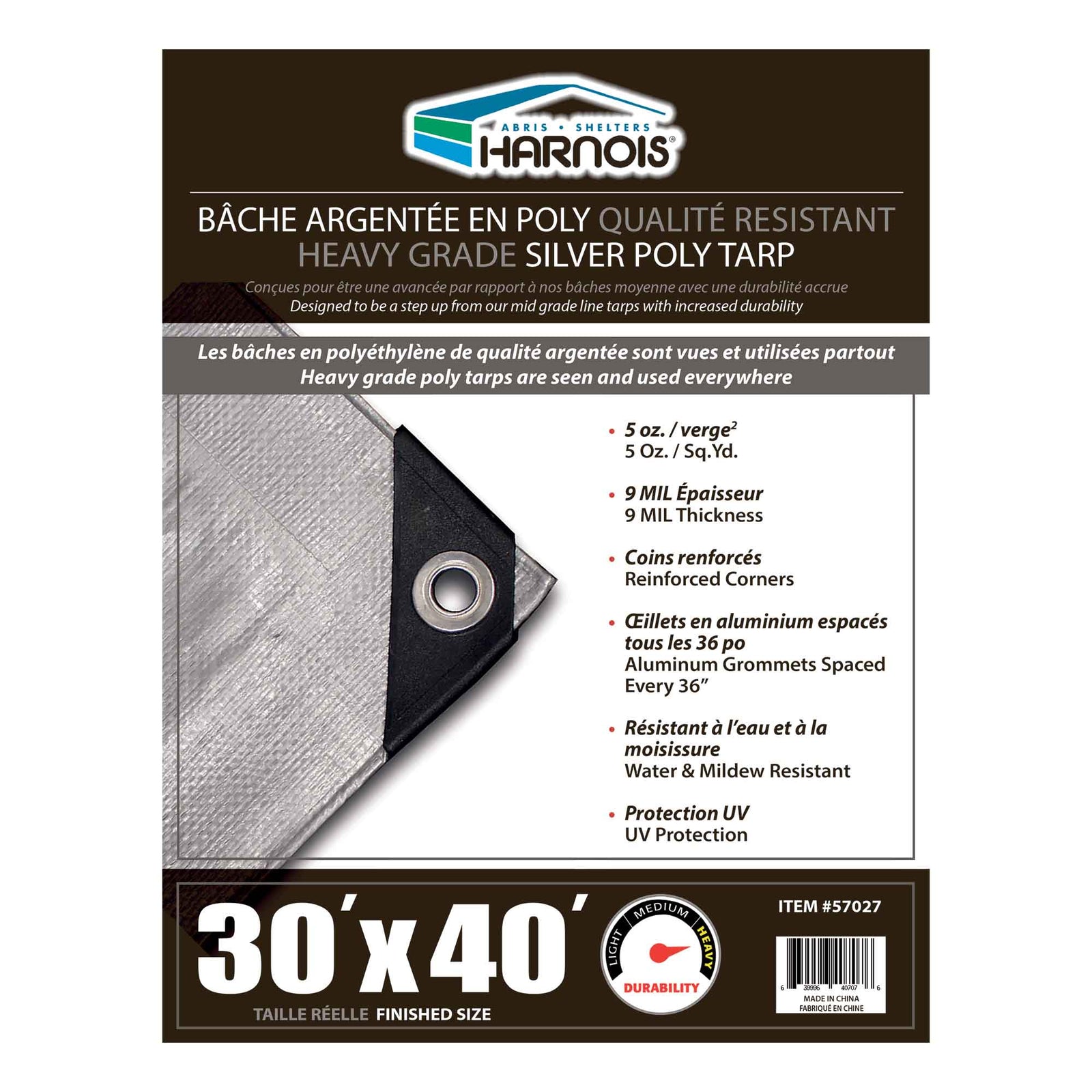 Bâche en polyéthylène argenté de qualité robuste, 30' x 40'
