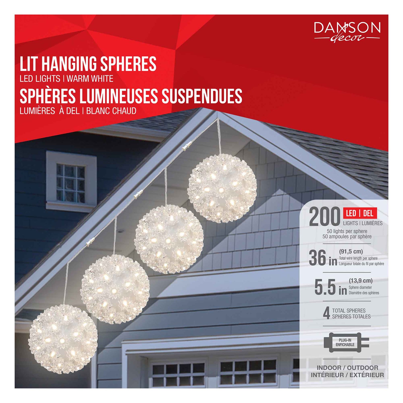Jeu de 4 sphères à suspendre à 200 lumières DEL blanc chaud, 36'' x 5,5'' (91,5 cm x 13,9 cm)