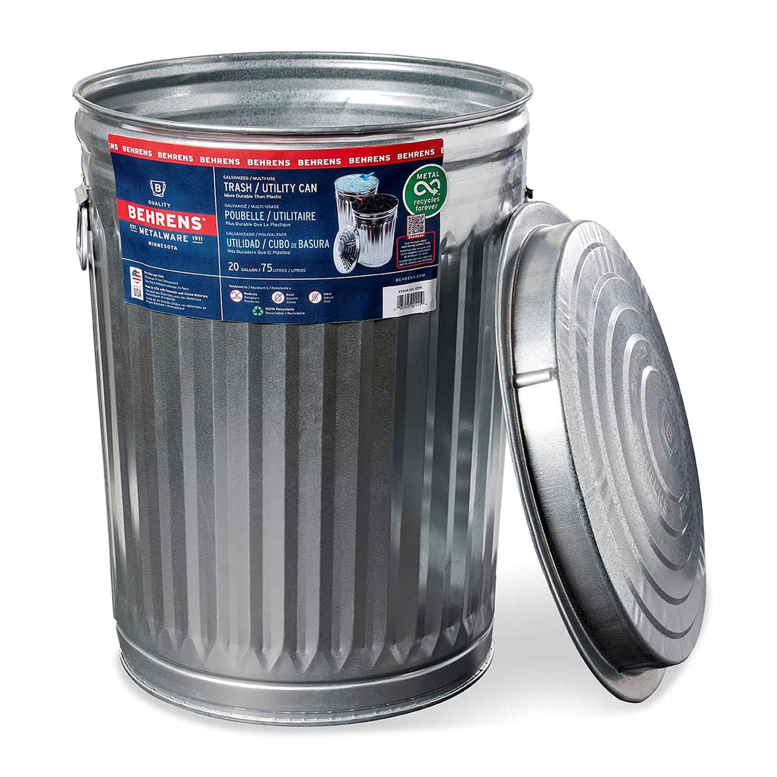 Poubelle en acier galvanisé avec couvercle, 20 gallons