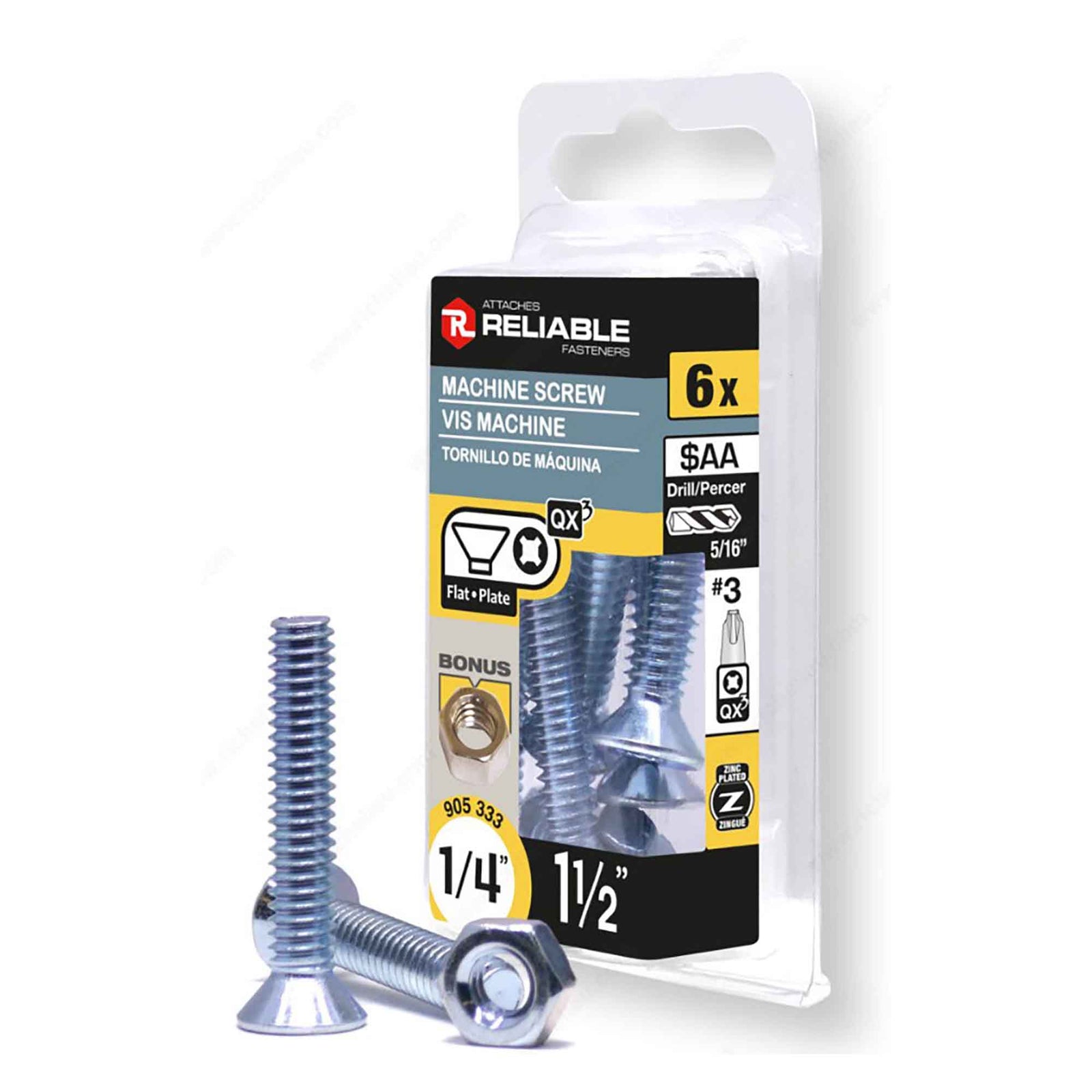 Vis machine à tête plate avec écrou zinguée à entrainement Quadrex, 1/4" x 1-1/2" (6 unités)