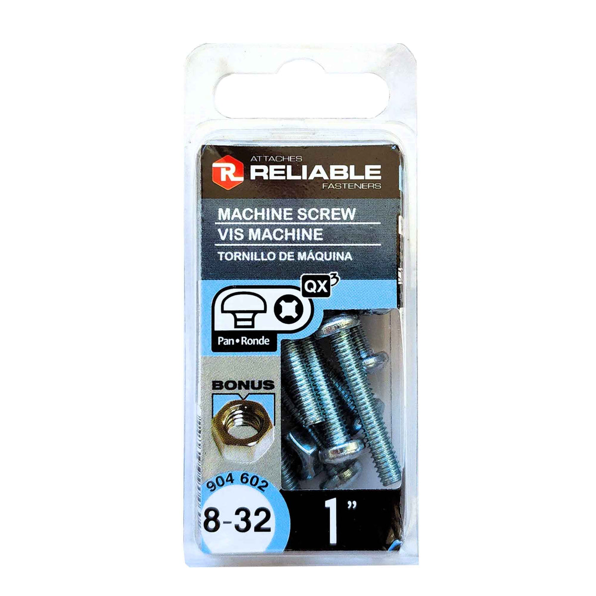 Vis machine à tête ronde avec écrou zinguée à entrainement Quadrex, 8-32 x 1" (10 unités)