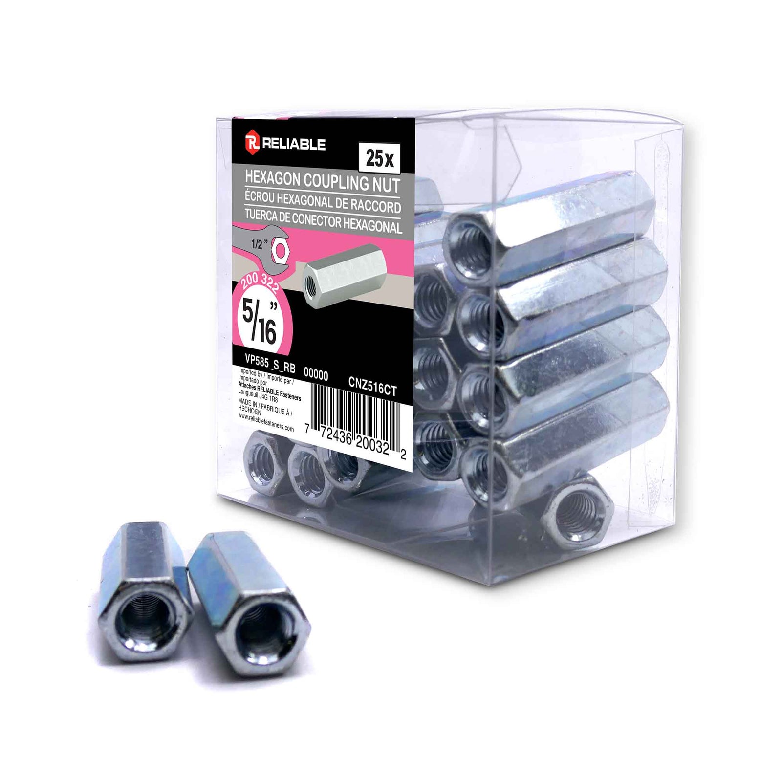 Écrou de raccord hexagonal, 5/16'' x 1-3/4'' (zinc) - 25 unités