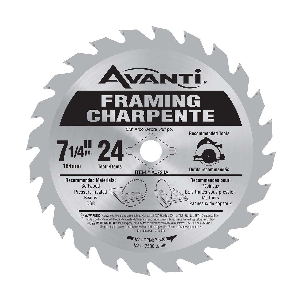 Lame de scie circulaire à charpente avec 24 dents en carbure, 7-1/4"