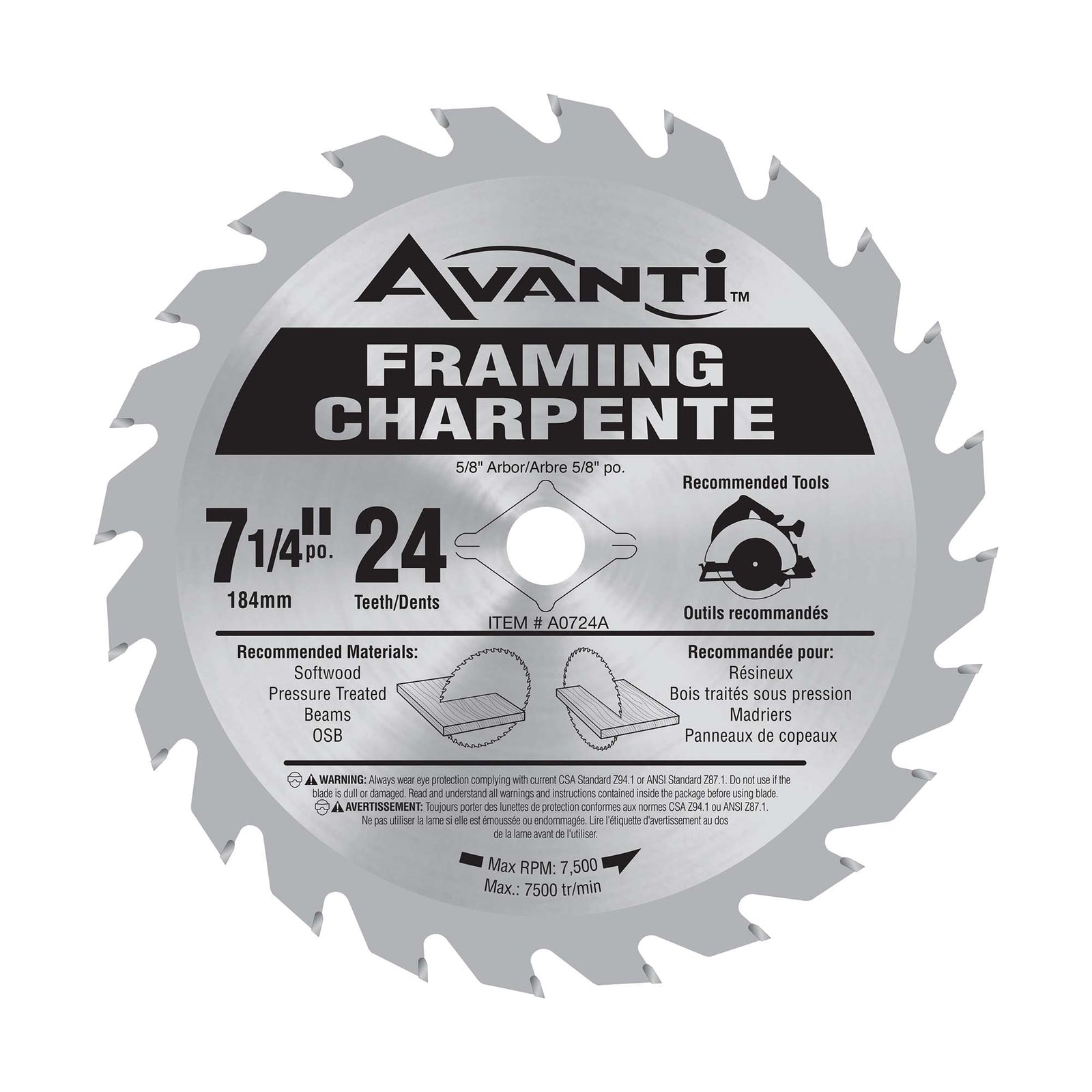 Lame de scie circulaire à charpente avec 24 dents en carbure, 7-1/4"