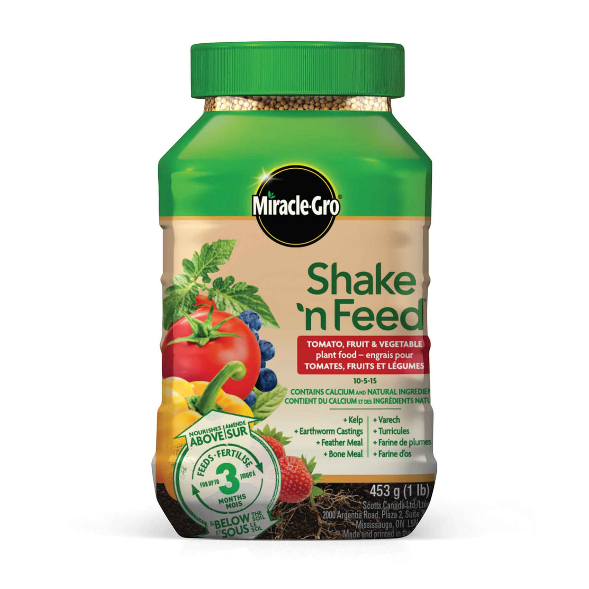 Engrais pour tomates, fruits et légumes Shake N Feed Miracle-Gro, 10-5-15, 453 g